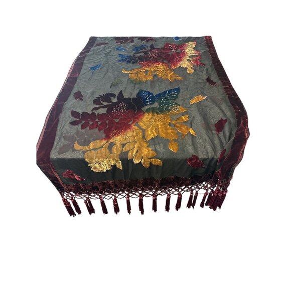 Floral Velvet Sheer Scarf With Tassels - Western Fashion 30% Silk 70% Viscose - Picture 7 of 7